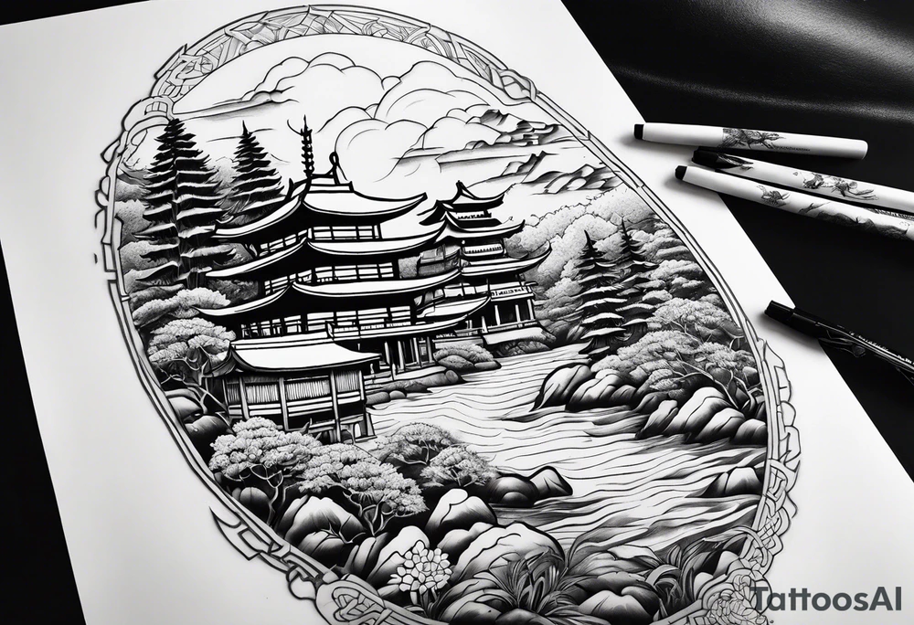 Japanese motives tattoo looking like a scenery tattoo idea