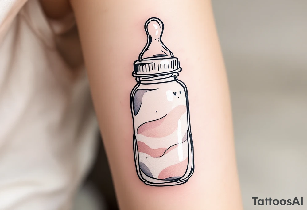 A baby bottle and pacifier outlined in soft pastel tones conveys the gentle and devoted care of early motherhood. tattoo idea