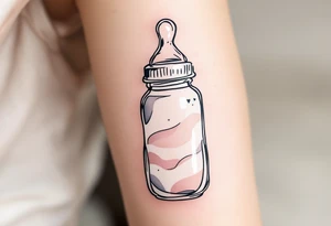A baby bottle and pacifier outlined in soft pastel tones conveys the gentle and devoted care of early motherhood. tattoo idea