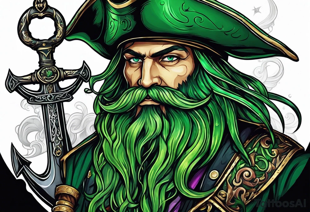 green pirate squid holding sword and anchor, black hat, beard tattoo idea