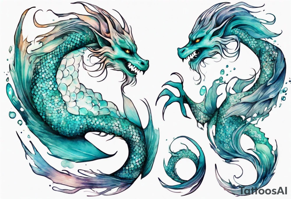 a mermaid dragon hybrid with turquoise scales by the ocean tattoo idea