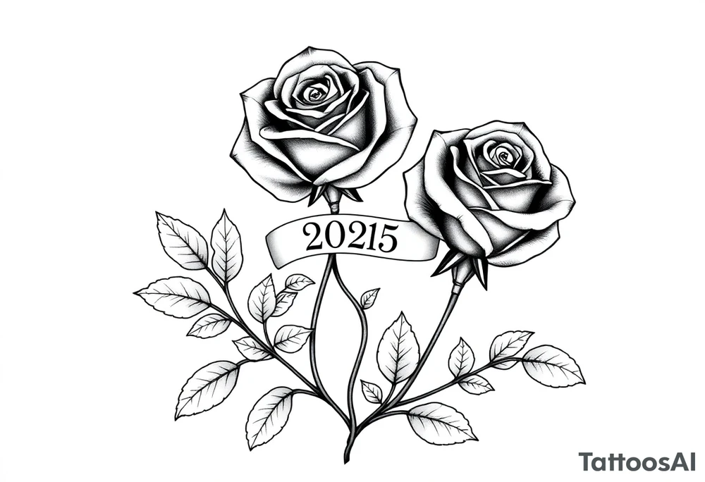 two beautiful large rose buds, one larger than the other, with many leaves next to the rose buds, with one sitting higher than the other. Include a banner connecting the two roses with the year "2025" on it.   Use dark outlines with little shading. The two stems should be short, not long, and connect and join into one stem, whimsically curved or twisted - not straight down. tattoo idea