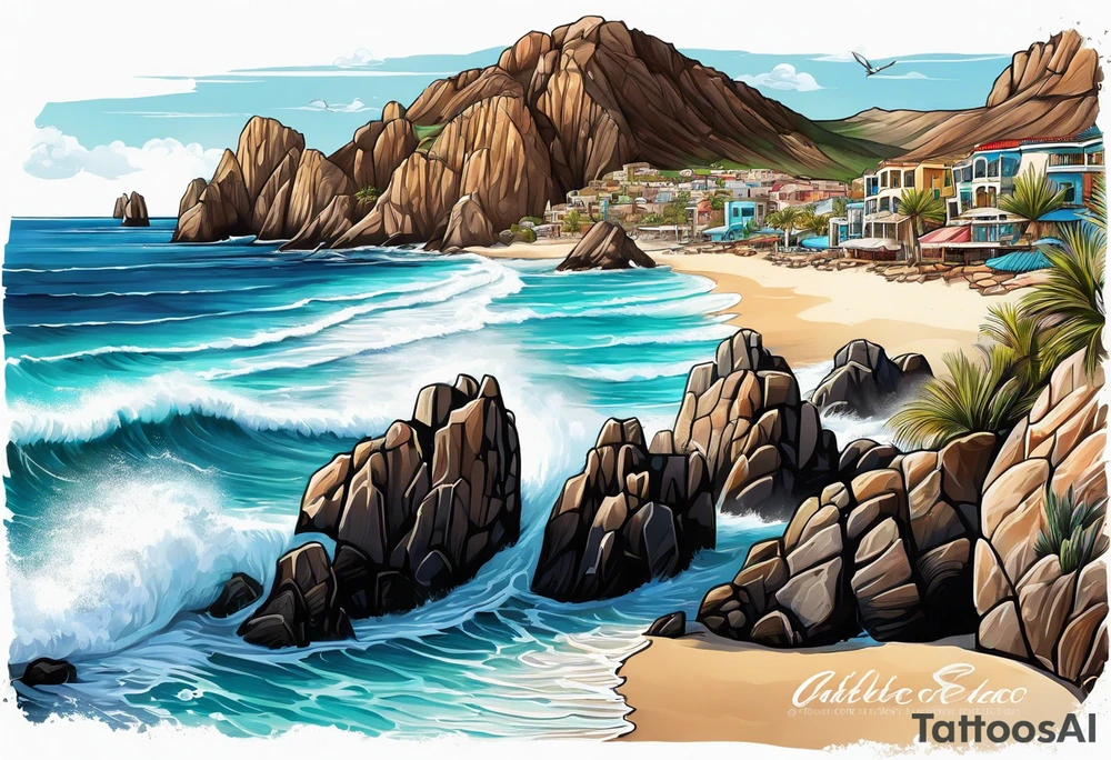 Cabo San Lucas beach with the famous rock formation overlooking ocean tattoo idea