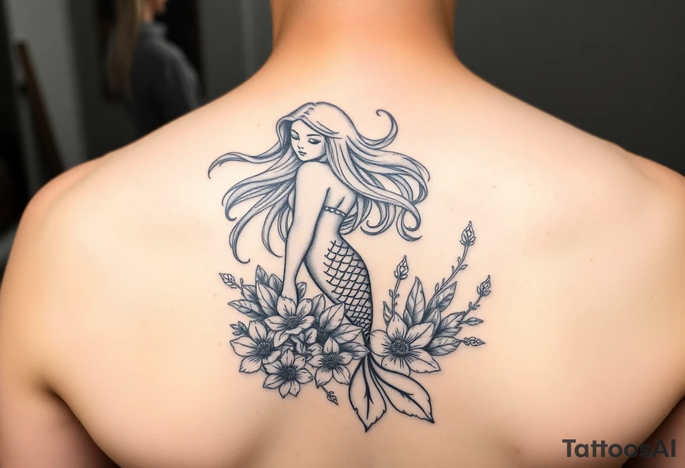 ethereal mermaid with flowing hair among coral and sea flowers tattoo idea