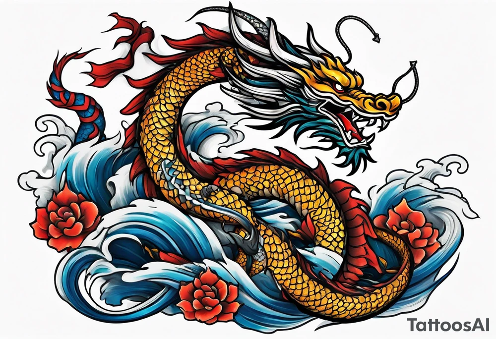 Asian dragon coiling around an anchor with the Korean flag in the background tattoo idea