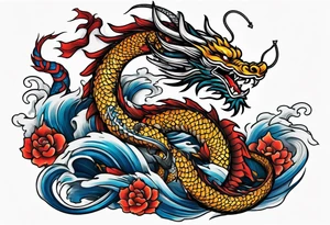 Asian dragon coiling around an anchor with the Korean flag in the background tattoo idea