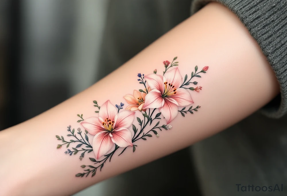 Small bunch of wild flowers including stargazer lilly with stems. Use the watercolour style inspired by Monet’s style with no outline on the florals. tattoo idea