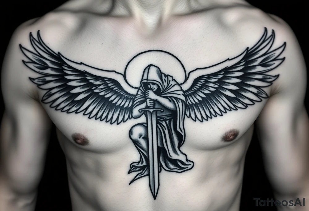 Warrior Angel with long sword  kneeling looking down cloak over head wings
 spread tattoo idea