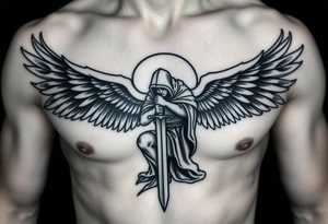 Warrior Angel with long sword  kneeling looking down cloak over head wings
 spread tattoo idea