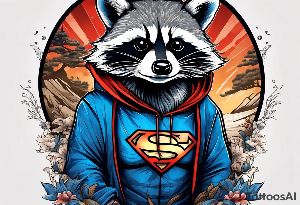 raccoon wearing a Superman hoodie tattoo idea