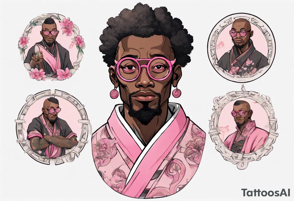a medieval black man wearing round glasses, wearing pink belt wearing a black tunic tattoo idea