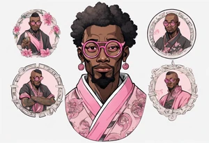 a medieval black man wearing round glasses, wearing pink belt wearing a black tunic tattoo idea