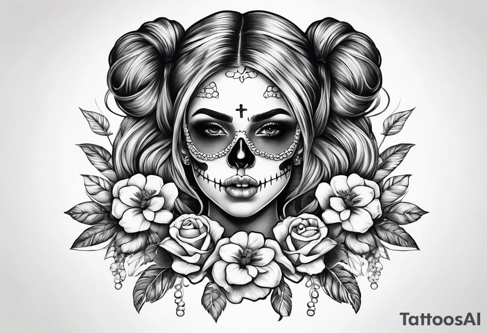 feminine skull and cross bones with hair in two buns tattoo idea
