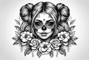 feminine skull and cross bones with hair in two buns tattoo idea