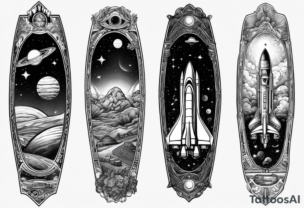 space themed arm sleeve with aliens ufos airplanes and rockets tattoo idea