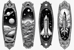 space themed arm sleeve with aliens ufos airplanes and rockets tattoo idea