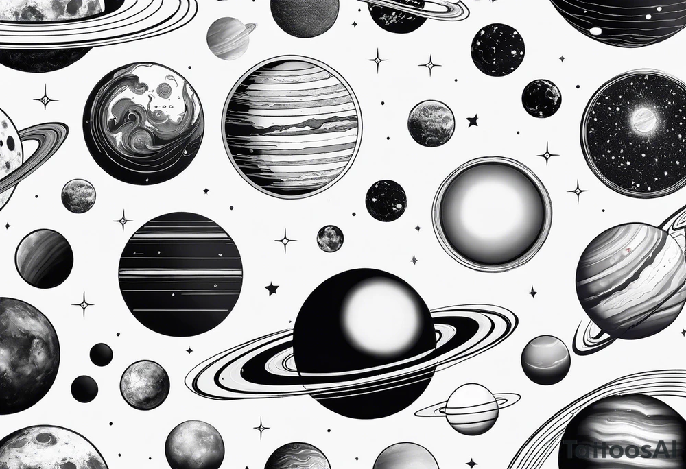 an accurate depiction of our solar system with each planet named in a sleeve tattoo format, minimalistic with thin lines and a lot of empty unfilled space tattoo idea