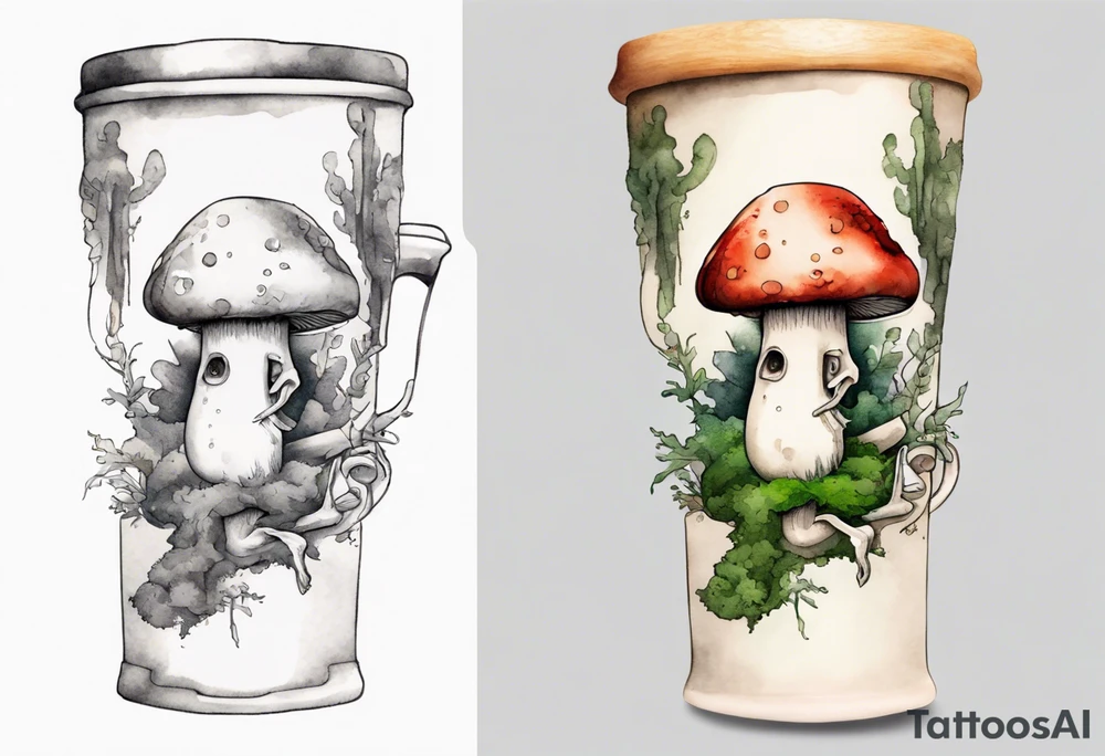 a mushroom with a face and a moss beard and arms and legs drinking from a wood mug tattoo idea