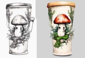 a mushroom with a face and a moss beard and arms and legs drinking from a wood mug tattoo idea