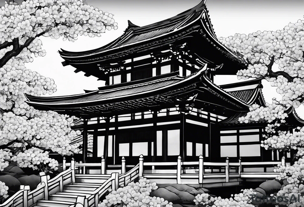 Japanese temple with cherry blossom leaves surrounding tattoo idea Japanese temple with cherry blossom leaves surrounding tattoo idea