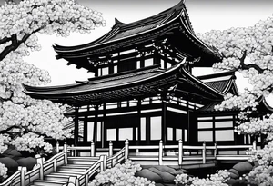 Japanese temple with cherry blossom leaves surrounding tattoo idea