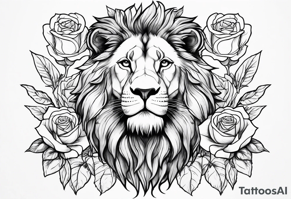 Stoic lion with roses tattoo idea