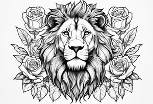 Stoic lion with roses tattoo idea