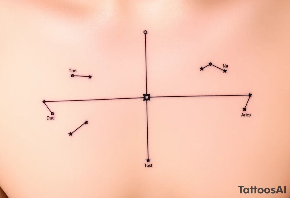 The tattoo idea is a personalized family constellation where each star represents a family member, showing how everyone is connected even across different branches. At the center, you (Sagittarius, Kaus Australis) and your older brother (Aries, Hamal) stand as the link between both sides. On the left, your dad (Capricorn, Deneb Algedi) and your half-brother on his side (Scorpio, Antares) form a shape like an arrow pointing toward the center, symbolizing strength and direction. On the right, your mom (Libra, Zubenelgenubi), your half-brother (Gemini, Castor), and your half-sister (Cancer, Tarf) create a balance-like shape representing harmony and protection. Thin lines connect the stars to form a single constellation, with you and your older brother as the central stars joining both worlds. The design could include just the stars, their names, zodiac symbols, or coordinates in a fine-line, black-ink style, expressing balance, connection, and the eternal bond uniting every member of your family. tattoo idea
