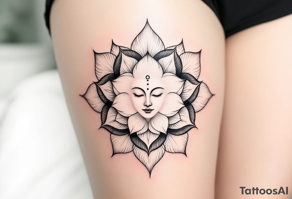 "Sacred Circle of the Lotus" – A delicate lotus flower forming a circular shape, with the petals soft and flowing outward. In the center, a subtle Buddha's face or a small Om symbol to represent inner peace and enlightenment. tattoo idea