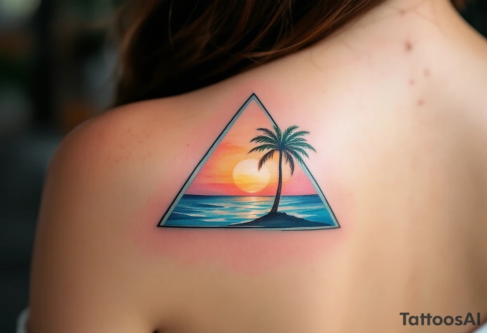 A triangle with a big heart in the center with an ocean palm tree theme tattoo idea