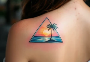 A triangle with a big heart in the center with an ocean palm tree theme tattoo idea