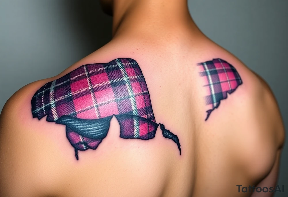 Tattoo on shoulder Dark Purple with green pink blue and white highlights tartan fabric 
with skin ripping away at edges tattoo idea