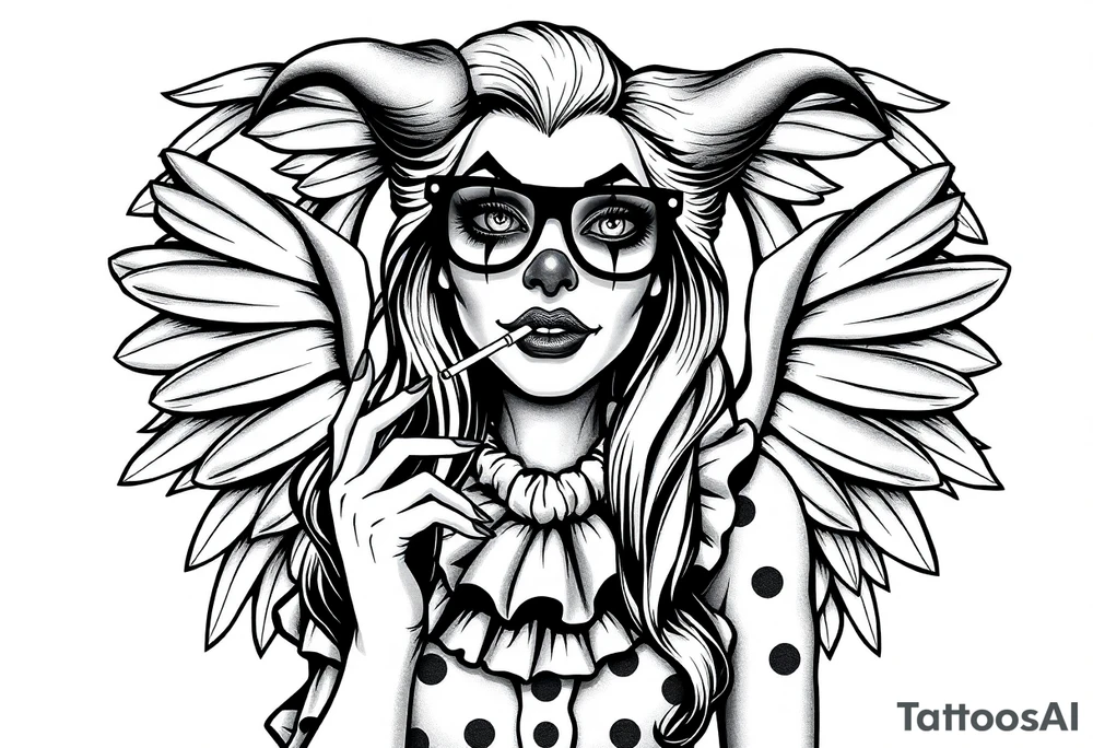 beautiful long hair pin up Clown Girl pays thug eyeglasses  angelic wings smoking a cigarette tattoo idea