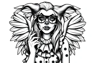 beautiful long hair pin up Clown Girl pays thug eyeglasses  angelic wings smoking a cigarette tattoo idea