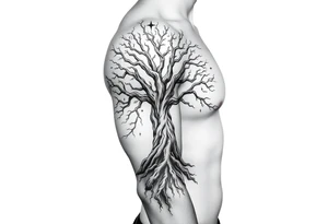 mystical tree of life with cosmic roots and celestial branches tattoo idea