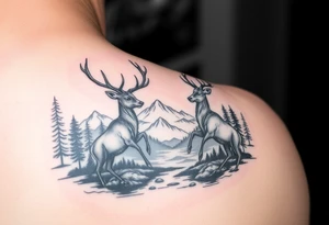 FOREARM tattoo Black and grey realism Nature scene with two stags fighting in the foreground include mountains water and trees  realistic tattoo idea