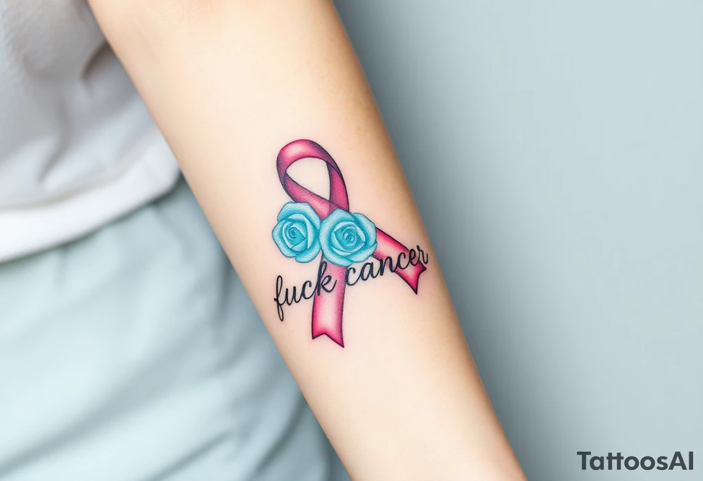 Pretty pink Cancer ribbon that says "fuck cancer"with 3 light turquoise
roses tattoo idea