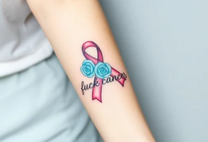 Pretty pink Cancer ribbon that says "fuck cancer"with 3 light turquoise
roses tattoo idea