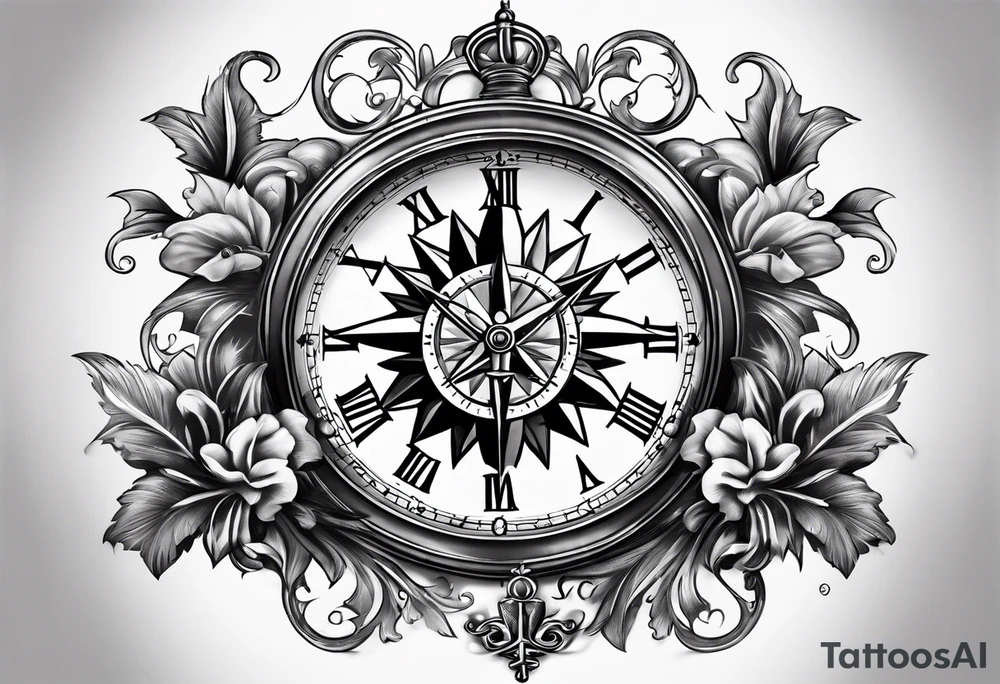 fleur de lis with compass and clock tattoo idea