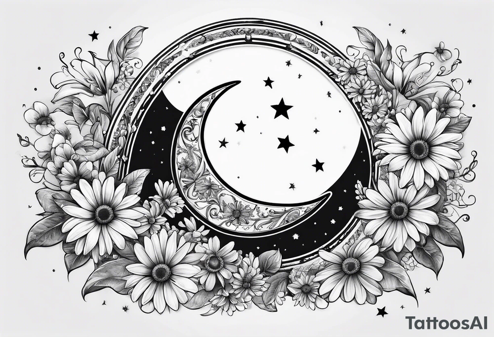 Crescent moon shrouded by beautiful daisies tattoo idea Crescent moon shrouded by beautiful daisies tattoo idea