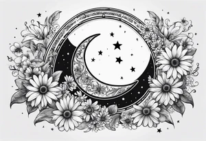 Crescent moon shrouded by beautiful daisies tattoo idea