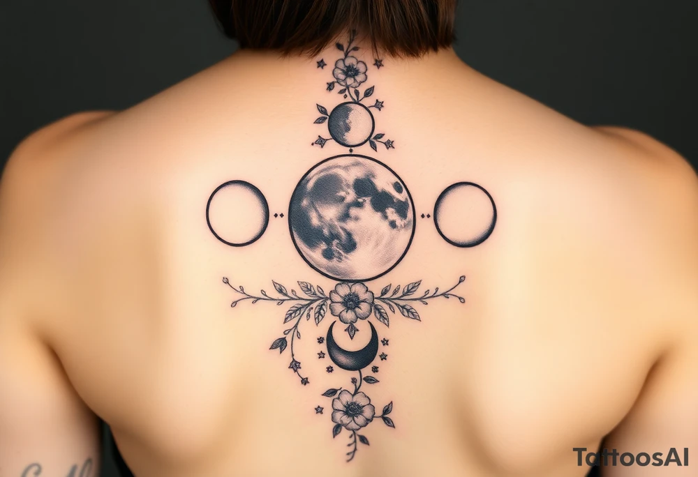 new moon, waxing crescent, first quarter, waxing gibbous, full moon, waning gibbous, third quarter, and waning crescent detailed down the spine details on the moon. With vines and stars and flowers along the sides down beside the phases of the moon tattoo idea