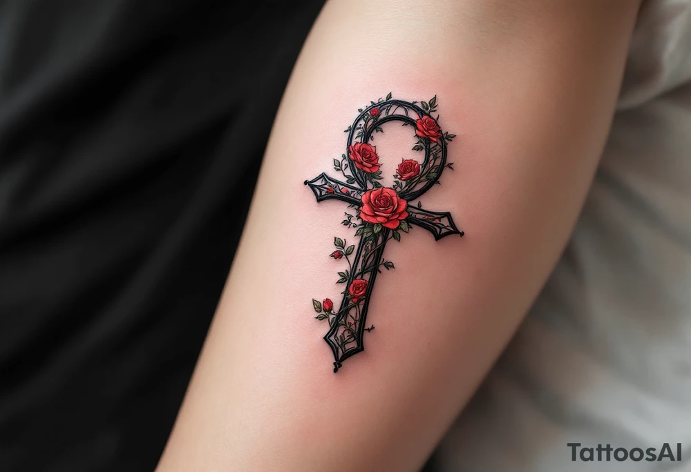 A black ink Ankh with a delicate vine wrapping around it, featuring small red roses symbolizing love and eternity. tattoo idea