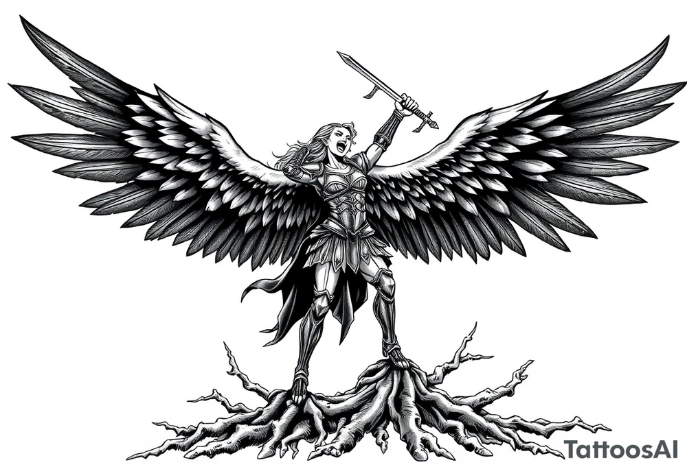 A fierce looking Valkyrie with very big dark wings. The whole body with legs should be visible.
She has armor.
She is flying towards the right, sword held high

She is screaming.
She is standing on roots tattoo idea