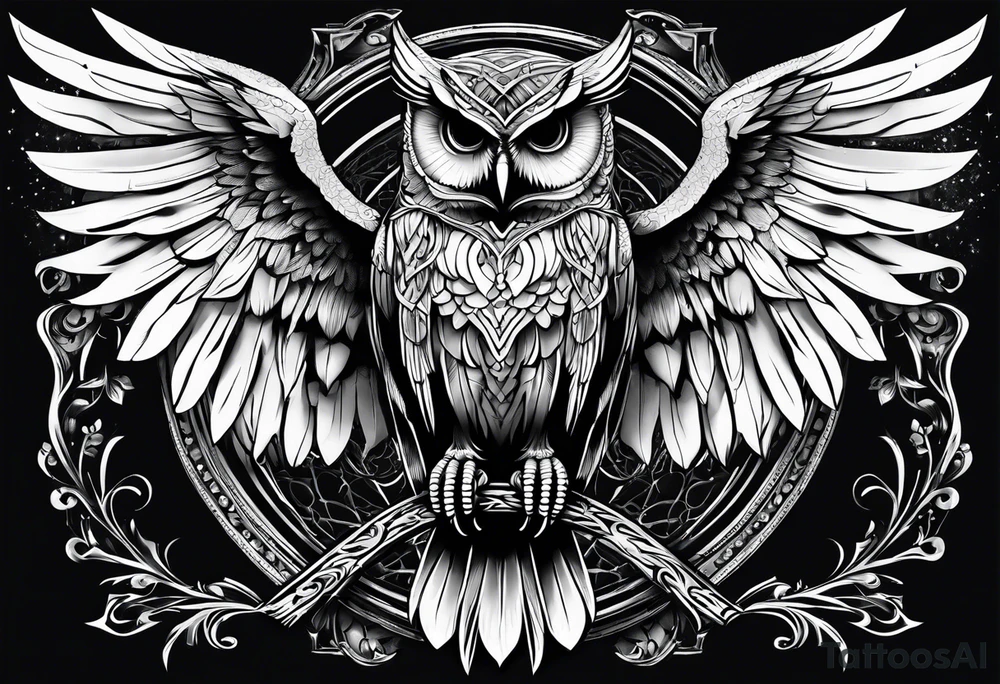 Gothic Skeleton owl with open wings tattoo idea