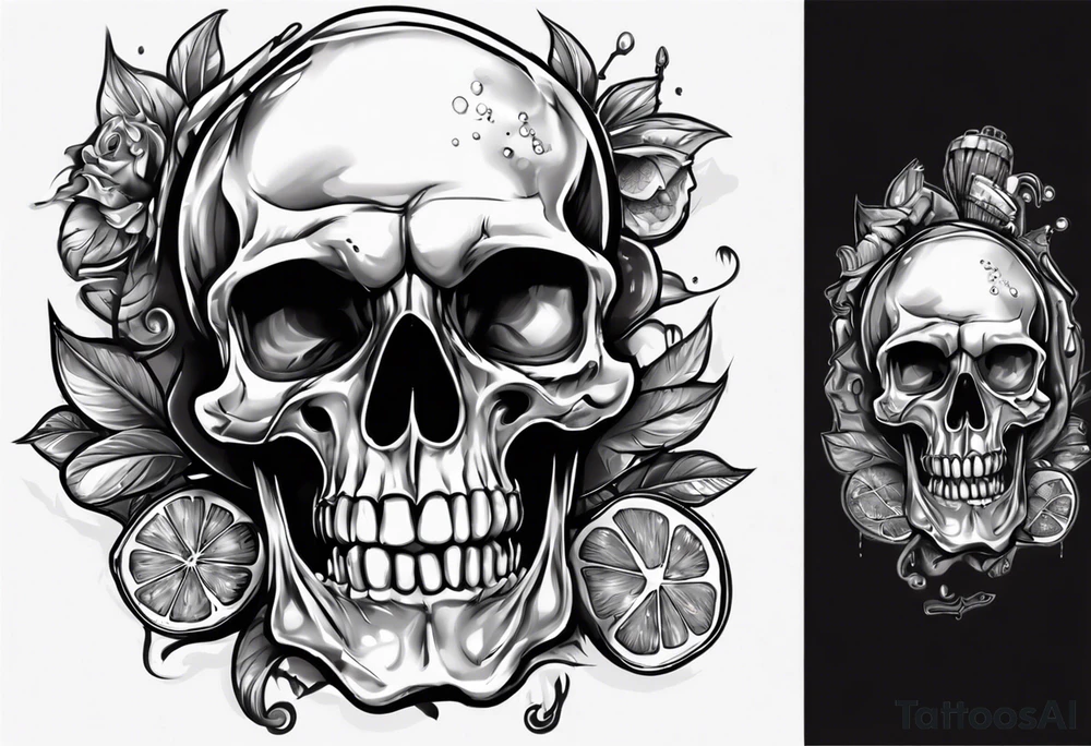 A smiling looking to the left scull inside the glass with alcohol and piece of lime tattoo idea