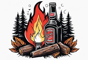 American traditional tattoo of campfire in the woods with a coke can and gentleman jack Daniel's bottle tattoo idea