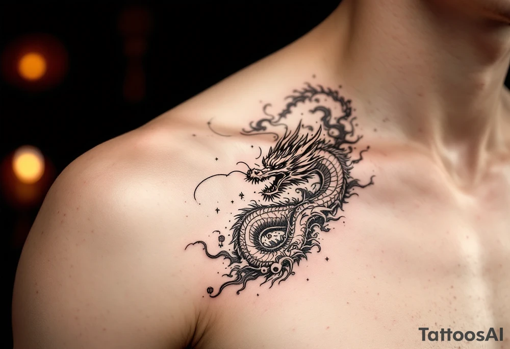 Chinese dragon flying towards the sky surrounded by chinese lanterns tattoo idea