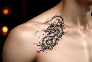 Chinese dragon flying towards the sky surrounded by chinese lanterns tattoo idea