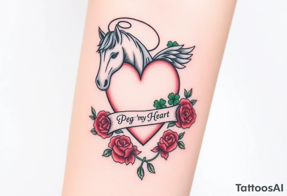 a big pale pink heart and a mare with wings and a halo and a bunch of green shamrocks, and red roses with a banner across the heart that says Peg 'o My Heart tattoo idea